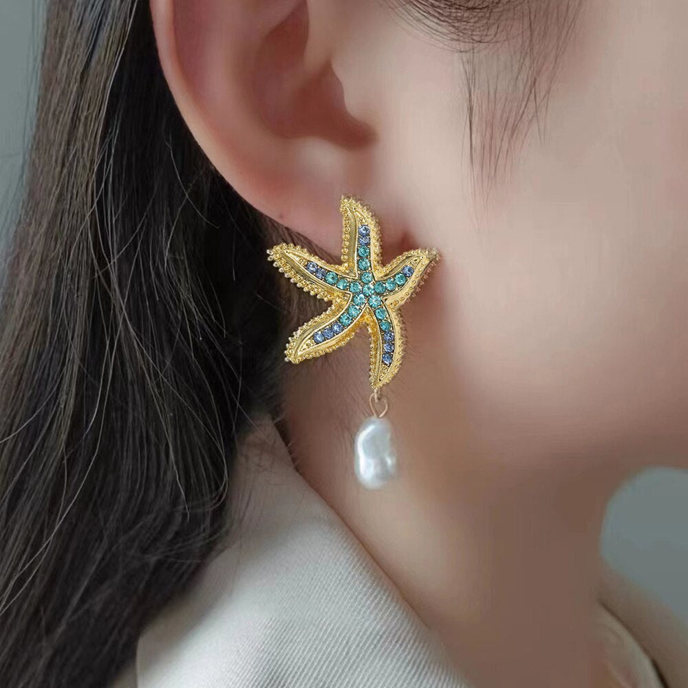 AENSOA Vintage Gold Color Blue Crystal Conch Pendant Pearl Earrings for Woman Exaggerated Big Starfish Metal Statement Earring