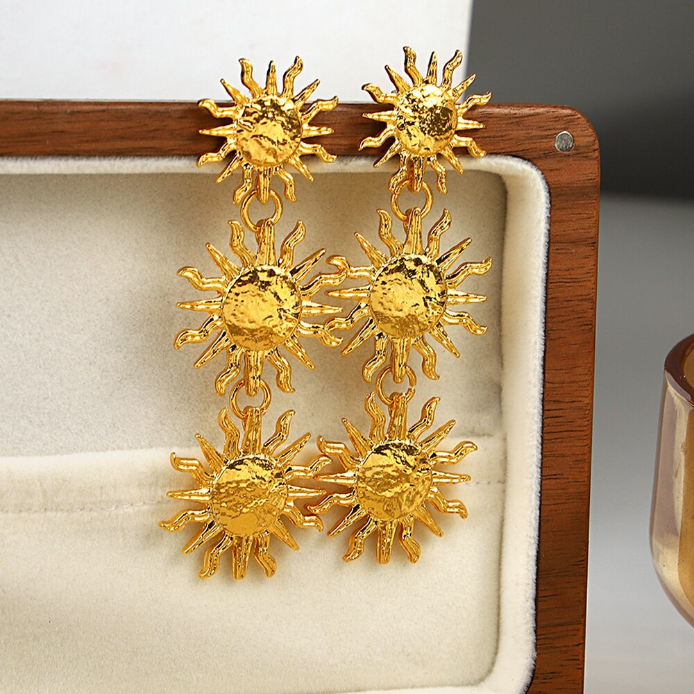 AENSOA Vintage Gold Silver Color Layered 3 Sunflower Long Drop Earrings for Woman Unique Metal Sun Shape Earring Party Jewelry
